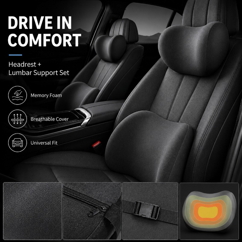 مجموعة وسادة رقبة لمسند الرأس  - مراجعة Memory Foam Car Neck Pillow Lumbar Support وسعره