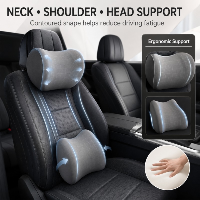 مجموعة وسادة رقبة لمسند الرأس  - مراجعة Memory Foam Car Neck Pillow Lumbar Support وسعره